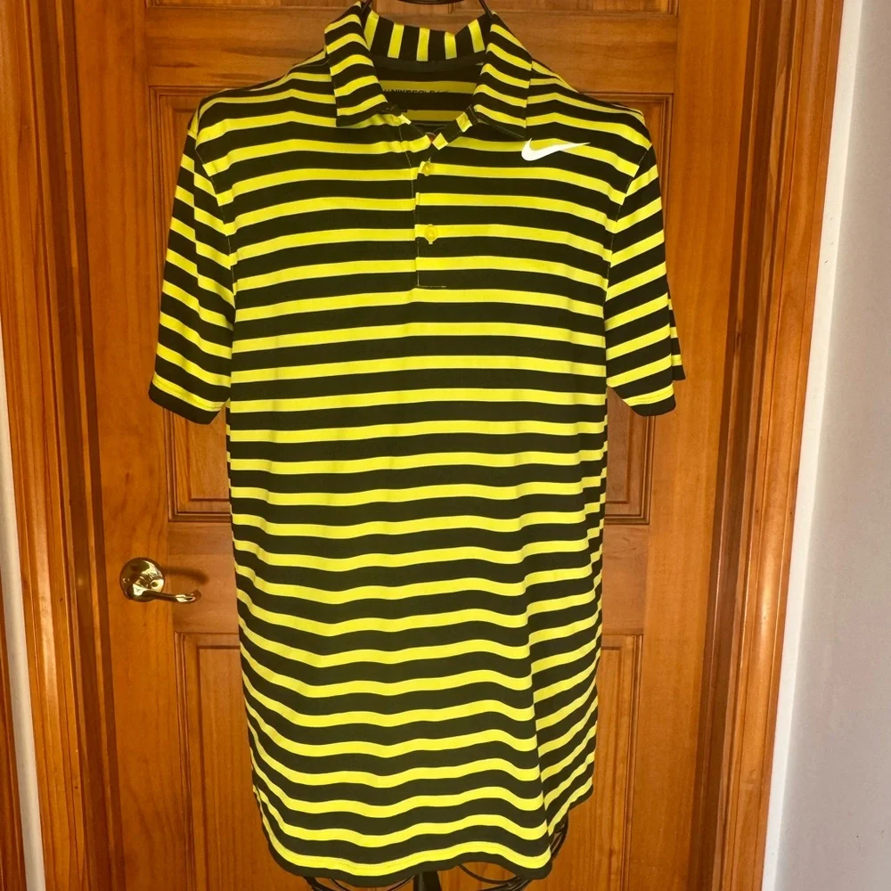 Men's Nike Golf Dri-Fit Short Sleeve Polo, Size Medium, Black & Yellow Striped - Picture 1 of 10
